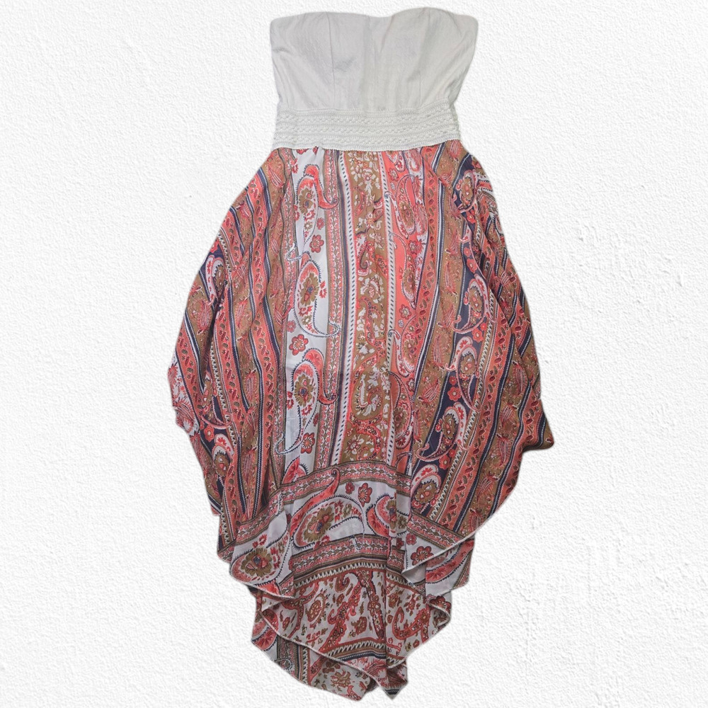 Rue21 White Red Paisley Strapless Boho Southwestern High Low Dress Size Medium